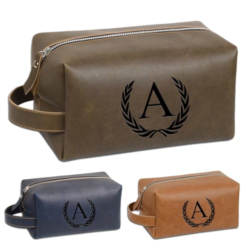 Personalized Leather Toiletry Travel Bag for Men Custom Christmas Birthday Gifts for Men Groomsmen Dad Husband Boyfriend Engraved Initial Waterproof Shaving Bags(A, Dark Brown)