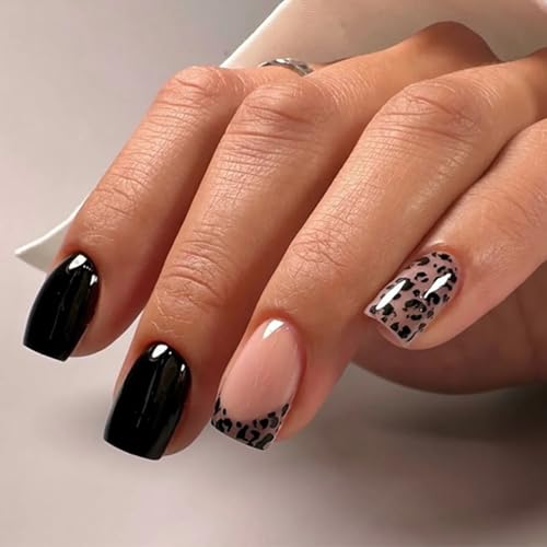 CurvLife Short Square Leopard Print Fake Nails - Black Soft Gel Press-On Manicure