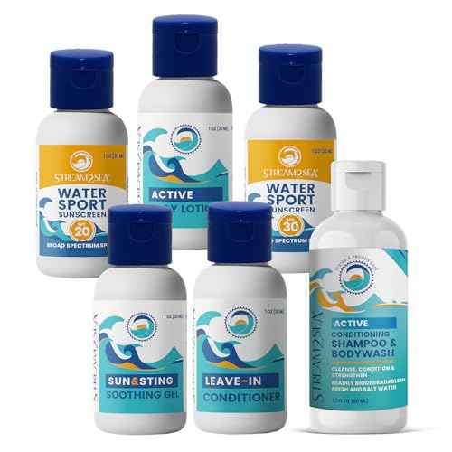 STREAM 2 SEA 6 Pack Natural Travel Sized Toiletries, 1oz Paraben Free Sample Size Shampoo, Conditioner, Lotion, Mineral Sunscreen SPF 20 and SPF 30 and After Sun Gel