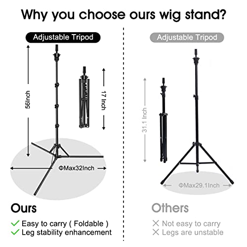 LNASI Mannequin Head Stand, Upgrade Foldable Wig Stand Tripod for Cosmetology Hairdressing Training, Metal Adjustable Wig Head Stand with Wig Caps, T-Pins, Comb, Hair Clips