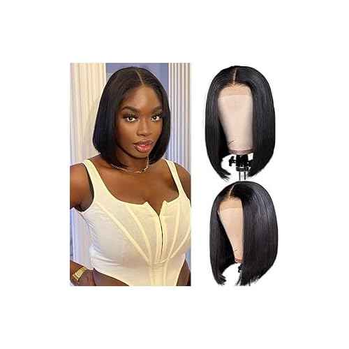 Wear and Go Glueless Wigs Human Hair Pre Plucked 4x4 Straight Short Bob Closure Wig Human Hair for black women 180 dentisty Natrual Color 12 inch