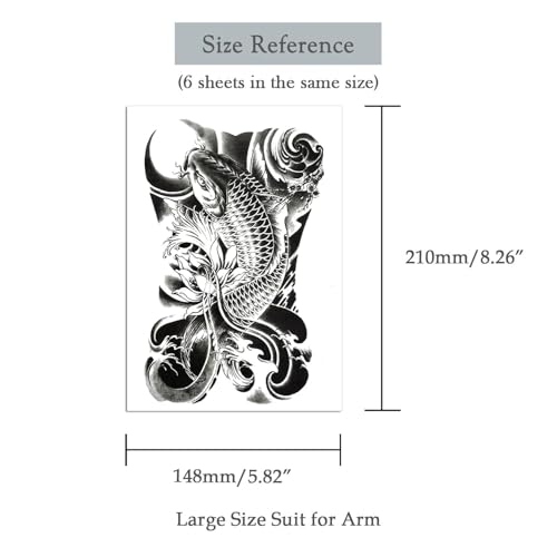 6 Sheets 21x15cm Old School Koi Carp Lucky Golden Fish Arm Leg Temporary Tattoo Stickers Perfect for Parties, Events and More