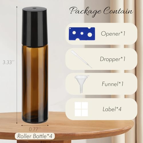 10ML Essential Oil Roller Bottles 4-Pack, Amber Glass with Stainless Steel Balls
