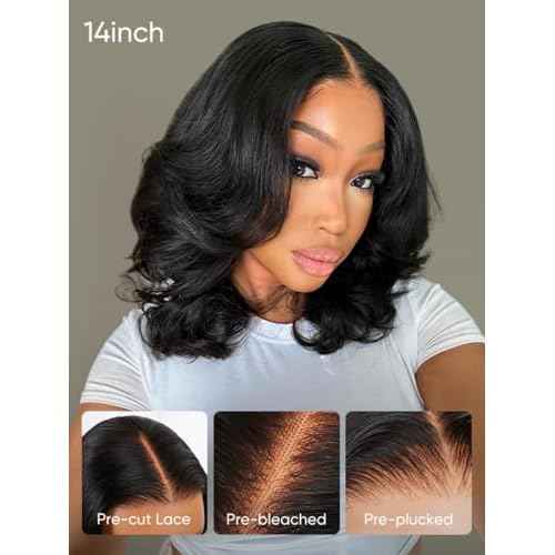 Wiggins Hair Body Wave Bob Wig Human Hair 4x7 Lace Front Wigs Human Hair Pre Cut Lace Ready to Wear Glueless Wig Human Hair Body Bob Wig For Women Pre-Bleached Knots & Adjustable Straps 14 Inch