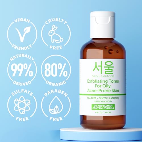 SeoulCeuticals Korean Toner for Oily Acne Prone Skin – Korean Skin Care Tea Tree Toner for Face – Facial Toner Centella Asiatica, Salicylic Acid. 4 FL OZ