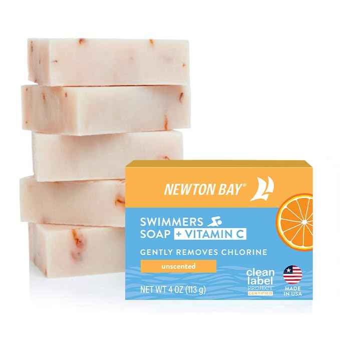 Newton Bay Swimmers Soap + Vitamin C | All Natural Body and Face Wash Soap Bar | Neutralizes and Washes Away Chlorine After Swimming | Revitalizes Sensitive Skin | 5-Pack of 4 Ounce Soap Bars