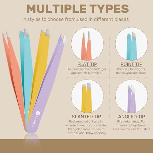 KINGMAS 10Pcs Tweezers Set for Women Facial Hair, Precision Tweezer for Eyebrows with Curved Scissor and Eyebrow Razor for Ingrown Hair with Case