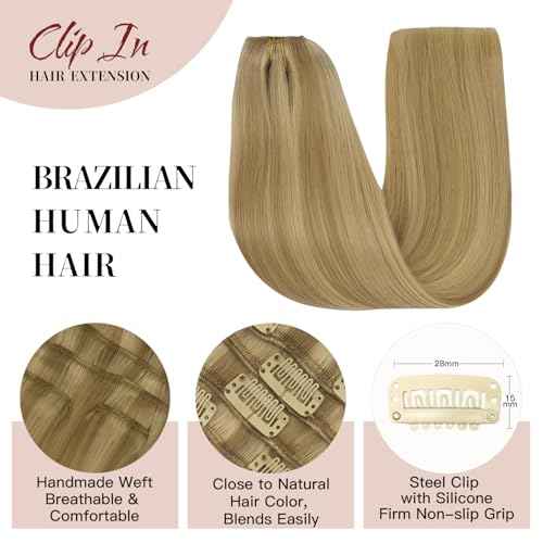 LOVELINE Clip in Hair Extensions Real Human Hair, 100% Remy Human Hair Extensions Clip Ins for Women, 7Pcs 14Inch 120g, Light Blonde Highlighted Golden Blonde