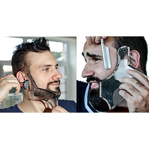 Men's Beard Shaping Tool With Inbuilt Comb Transparent Template Styling Comb Templates for Goatee Mustache Sideburns, Jaw Cheek/Neck Line, Symmetric/Curve/Step Cut (Clear-2pcs)