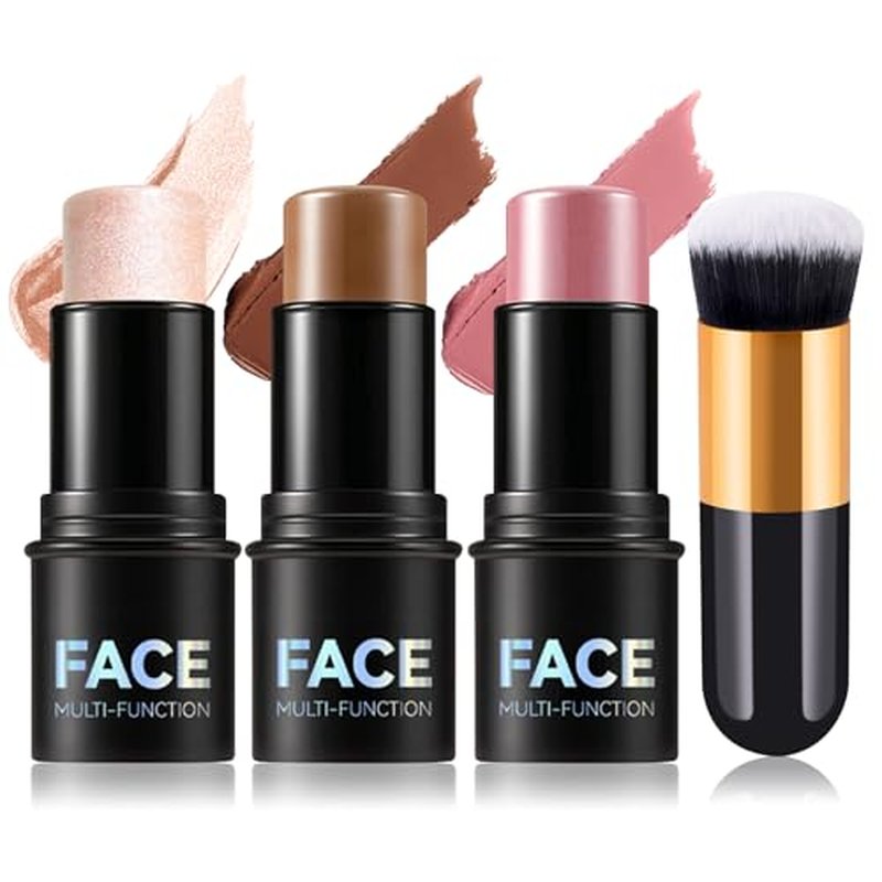 3PCS Cream Contour Stick Set with Brush - Waterproof Highlighter & Blush