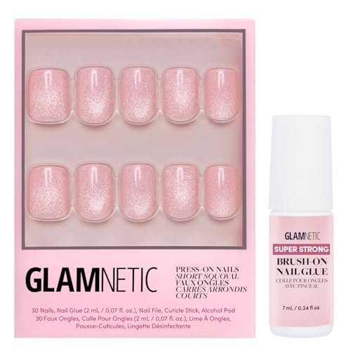 Glamnetic Press On Nails & Brush On Nail Glue Bundle - Pinky Promise | Glossy, Velvet Short Squoval Fake Nails, Reusable | 15 Sizes - 30 Nail Kit with Glue