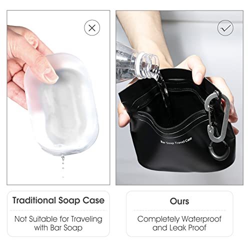 Travel Soap Container Bag with Waterproof Zipper and Carabiner Clip Waterproof and Leak Proof Soap Travel Case Travel Accessories (Black)