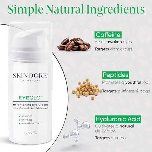 EyeGLO Caffeine Eye Cream for Dark Circles, Eye Bags, and Puffiness | Under Eye Treatment for Women with Peptides, Antioxidants, Hyaluronic Acid | Natural Brightening Eye Cream - 1 Oz