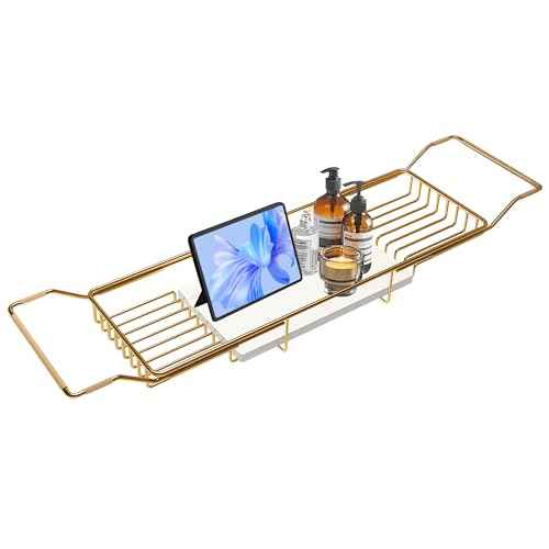 BVL Bathtub Tray Stainless Steel with Marble Base Gold Bathtub Tray with White Marble Base Adjustable & Rustproof Bath Caddy for Spa, Relaxation, Bath Bombs