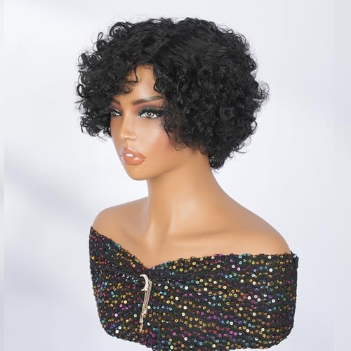 SUPERNOVA Black 04 Pixie Cut Curly Wig 6 Inch Human Hair Side Part, Glueless, Natural Style