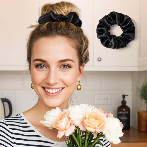 Black Satin Scrunchies 8 Pack - No Crease Hair Ties