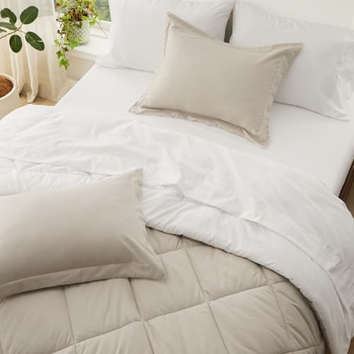 Bedsure Beige and White Twin Comforter Set - 5 Pieces Reversible Twin Bed in a Bag, Twin Bed Set Beige and White with Comforters, Sheets, Pillowcase & Sham