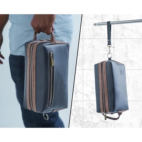 Premium Real Leather Toiletry Bag With Hook, Handmade Full-Grain Genine Leather Kit Bag for Men & Women, Water-Resistant Travel Organizer (Fits 3-4 oz Bottles) Luxury Shaving/Grooming Kit Gift
