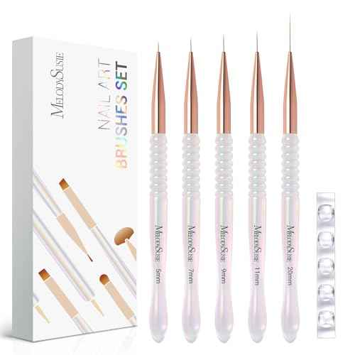 MelodySusie 5Pcs Nail Art Liner Brushes with Nail Brush Holder, Professional Gel Polish Painting Art Design Pen for Thin Long Lines, Tiny Details, Fine Drawing, Delicate Coloring Sizes 5/7/9/11/20mm