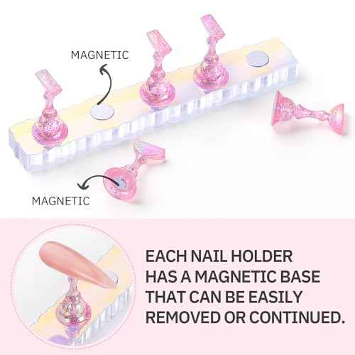 Etercycle 2 Set Nail Holder for Display Painting Nails - Aurora Acrylic Magnetic Practice Nail Stand Set - Fake Nail Holder for Press On Nails with Reusable Adhesive Putty (Aurora Pink)
