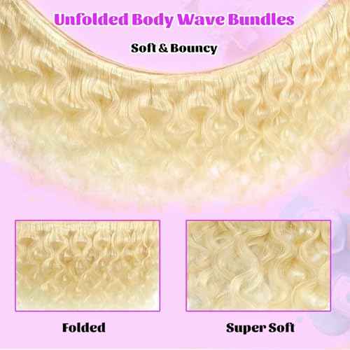 613 Bundles Human Hair 24 26 28 Inch Blonde Bundles Human Hair 100% Unprocessed 12A Grade Brazilian Virgin Raw Weave Bundles 3 Bundles Blonde Body Wave Human Hair Extensions for Women