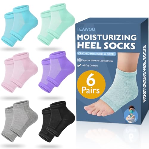 TEAWOO Gel Heel Socks - 6 Pairs Moisturizing Treatment for Cracked Feet
