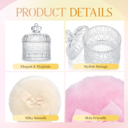 Large Body Powder Puff and Container Glass Jar Dusting Powder Container with Puff Soft Reusable Velour Face Body Wet Dry Makeup