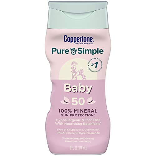 Coppertone Pure and Simple Baby Mineral Sunscreen Pack, Hypoallergenic and Tear Free Sunscreen for Babies, Baby Sunscreen Lotion SPF 50, 6 Fl Oz Bottle + Baby Sunscreen Stick SPF 50, 0.49 Oz