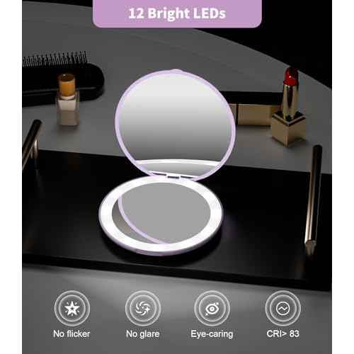 WOBSION Travel Compact Mirror,Portable 1x/10x LED Makeup Mirror with Magnification,Handheld 2-Sided Pocket Mirror, 3.5in Small Mirror for Purse,Handbag,Gift,Purple