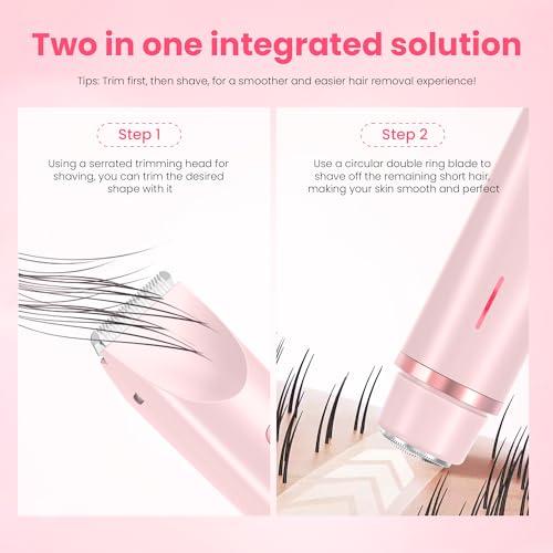 Bikini Trimmer for Women-2 in 1 Dual Head Electric Razors,USB Rechargeable Bikini Electric Shaver,IPX7 Waterproof Dry & Wet Use Body Hair Trimmer and Facial Hair Remover for Underarm Leg Body,Pink