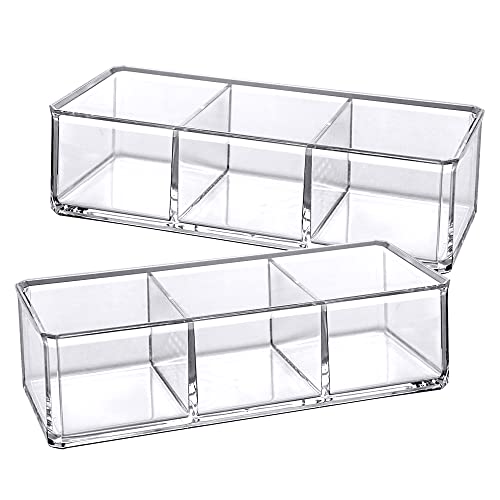 Amazing Abby - Glamour - 2-Pack Acrylic 3-Compartment Makeup Organizer, Transparent Plastic Lipstick Holder, Perfect Bathroom Vanity Storage Solution for Lipsticks, Nail Polishes, and More