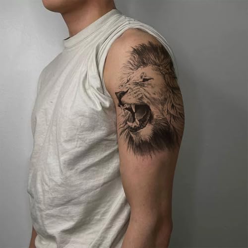 2 Sheets Realistic Animal Large Temporary Tattoos Stickers Sketch Lifelike Lion Roar Designs For Men Waterproof Arm Leg Fake Body Art, Gym & Parties Bold Masculine Decals