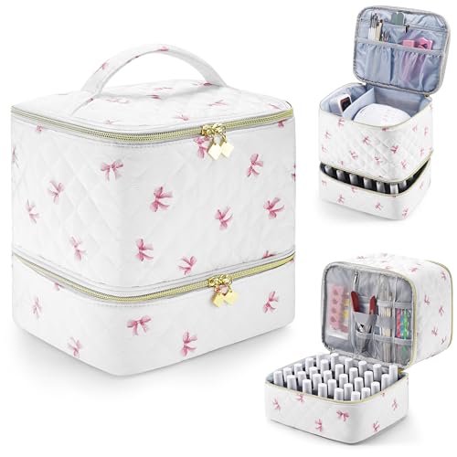 Pink Bow PU Leather Nail Polish Organizer with Nail Lamp Case, Holds 30+ Bottles
