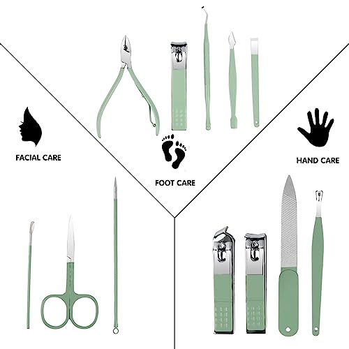 12-Piece Nail Care Kit with Green Travel Case - Manicure & Pedicure Set