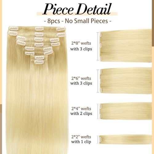 Clip in Hair Extensions Real Human Hair, 16 inch 90g, Balayage Invisible Remy Human hair Clip in Extensions for Women Seamless Straight 8Pcs Double Weft Bleach Blonde