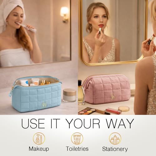 BLOOMORA Quilted Camel Makeup Bag with Wide-Open Top
