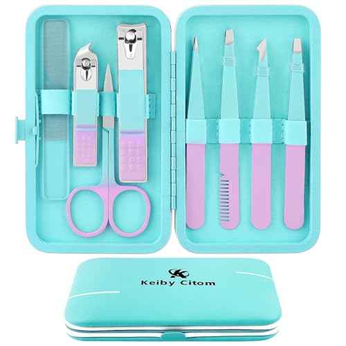 Tweezers Set and Nail Clippers 8Pcs Precision No Gaps Eyebrow Tweezer Kit for Facial Hair Men & Women Travel Tweezers with Leather Case (Violet/Cyan)