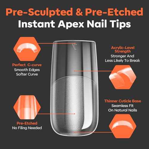 modelones Pro Luxe Instant Nail Apex Tips, Medium Square Extension Gel Tips Pre-building & Pre-etched Thicker Strength Acrylic Fake Nails Full Cover 15 Sizes