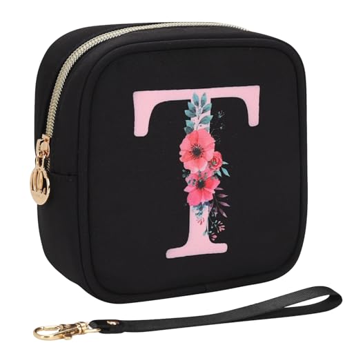 Relavel Initial Mini Makeup Bag for Girls, Small Makeup Bag for Purse with Zipper £¦ Removable Handle, Portable Makeup Pouch Lipstick Skincare Bag, Small Gift Cosmetic Bags for Women Girls(Black T)