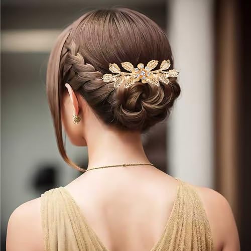 5Pcs Leaf Hair Combs with Rhinestones Gold Silver