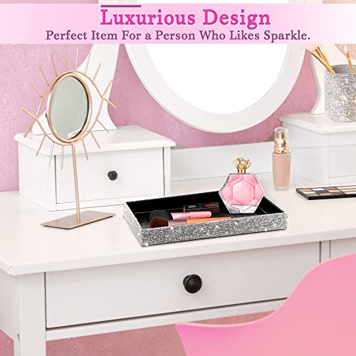 TISHAA Bling Decorative Tray Holder ? Makeup Cosmetic Jewelry Ring Key Display Dish Plate Storage Organizer Crystal Rhinestone Glitter Vanity Bathroom Bedroom Home Decor (White)