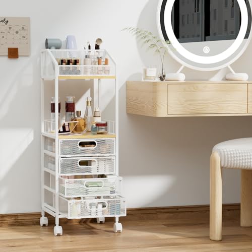 HapiRm Makeup Organizer Storage Cart - Floor Skincare Make Up Storage with 4 Drawers, Rolling Makeup Cart Vanity Organizer Cosmetics Display Cases Holder for Skin Care Perfume Nail Polish