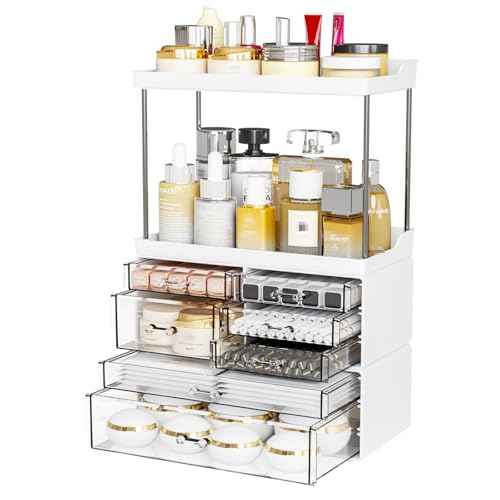 Yieach Acrylic Makeup Organizer Countertop,Large Skincare Organizer for Dresser Top,Plastic Bathroom Counter Organizers and Storage for Beauty,Cosmetic,Hair Products,Lotion and Perfume Organizer,Black