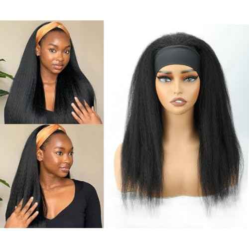 Kinky Straight Headband Wig 16 Inch Human Hair Headband Wigs for Black Women Glueless Yaki Straight Human Hair Headband Wigs Natural Black color