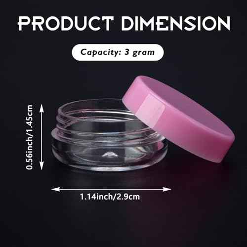 200 Count 3 Gram Sample Containers, Clear Lip Balm Containers with Lids, Small Plastic Sample Jars with 12 Mini Spoons, 200pcs Labels (Pink Lid)