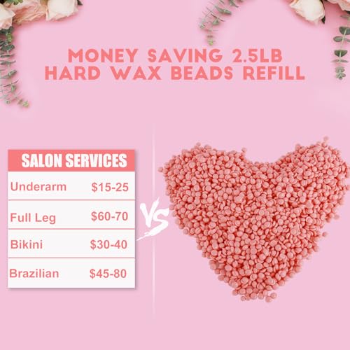 2.5lb Hard Wax Beads, Scented Stripless Wax Bead for Sensitive Skin, Professional Brazilian Waxing Bead, Bikini, Body, Face, Legs, Back, Chest, Coarse Hair Removal, At-Home Salon, 20 Wooden Sticks