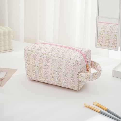 Makeup Bag Travel Cosmetic Bag for Women, Zipper Make Up Pouch, Floral Flowers Toiletry Organizer Makeup with Handle, Cosmetic Travel Cloth Bag (Pink Floral)