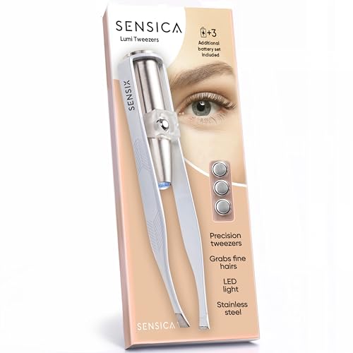 Sensica Eyebrow Tweezers with Light ? LED Lighted Tweezers for Women Facial Hair ? Precision Eyebrow Plucking Slant Tip Stainless Steel Tweezer with Long Arms & 3 Extra Batteries