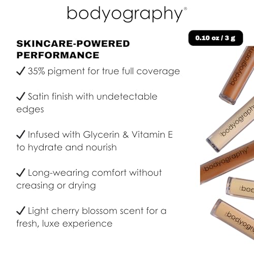 Bodyography Skin Slip Full-Coverage Liquid Concealer | Lightweight, Buildable Formula with 35% Pigment | Infused with Glycerin & Vitamin E for Hydration | Satin Finish, All-Day Wear