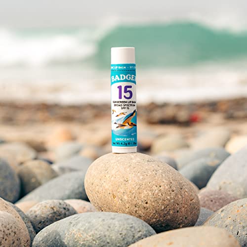 Badger Mineral Sunscreen Lip Balm SPF 15, Reef Safe, Zinc Oxide, Unscented, Travel Size, SPF Lip Balm Sunscreen Stick, .15 oz 4-Pack
